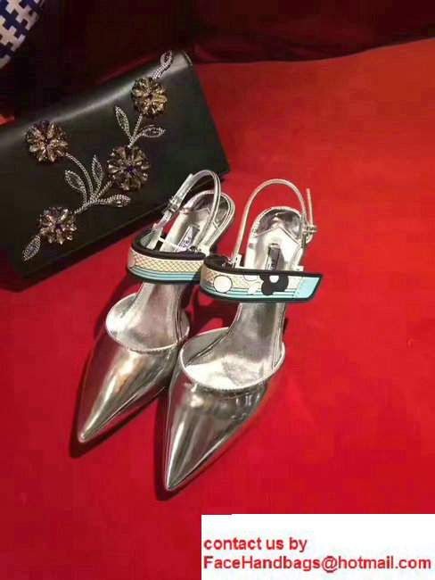 Prada Heel 5cm Laminated Kid Leather Pointy Toe Slingback Pump Sliver 2017