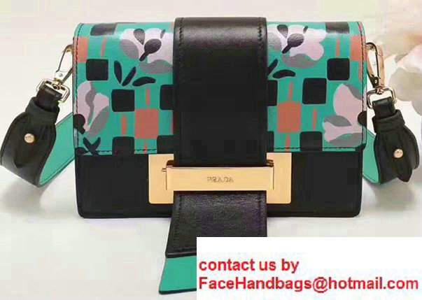 Prada Metal Ribbon Print Madras Goat and Calf Leather Bag 1BD069 Green/Black2017