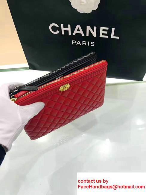 Chanel Lambskin Leather Sliver Metal Medium/Small Zip Pouch Red 2017