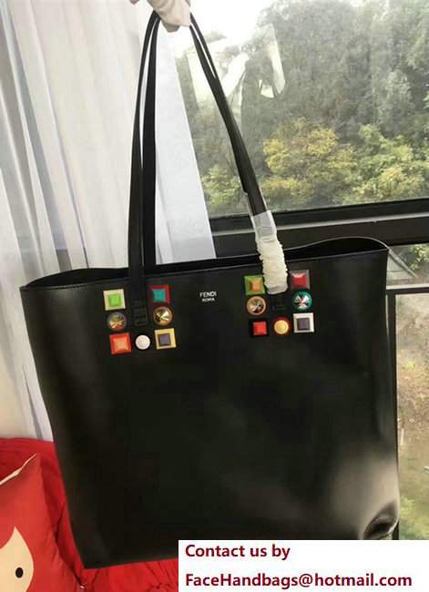 Fendi Leather Shopping Bag With Rainbow Studs Black 2017