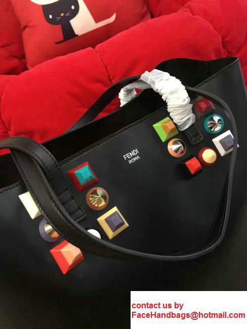 Fendi Leather Shopping Bag With Rainbow Studs Black 2017