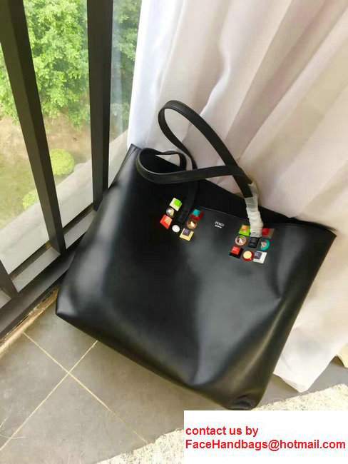 Fendi Leather Shopping Bag With Rainbow Studs Black 2017