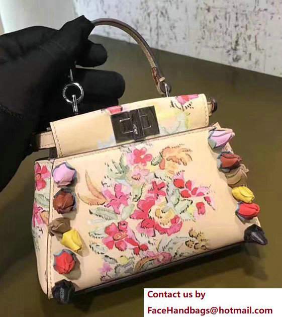 Fendi Peekaboo Cream Floral Print Nappa Leather With Runway Flowers Micro Handbag 2017