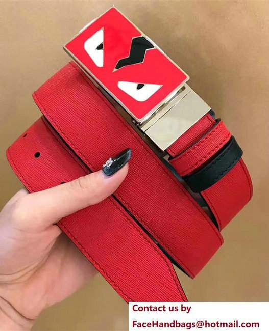 Fendi Width 3.4cm Calfskin With Bag Bugs-Inspired Eyes Clasp Reversible Belt Red/Black