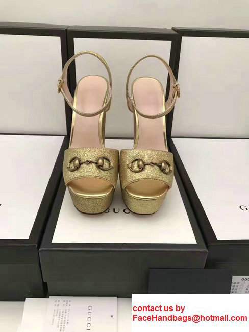 Gucci Heel 14cm Horsebit Detail With Platform Leather Glitter Scandal Gold 2017