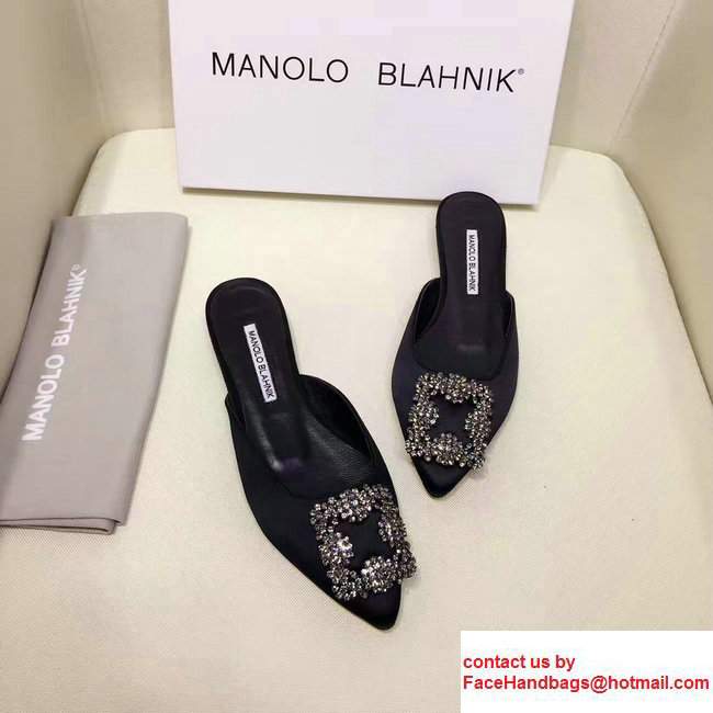 Manolo Blahnik Hangisi Buckle Satin Slide-on Flat Scandals Black 2017