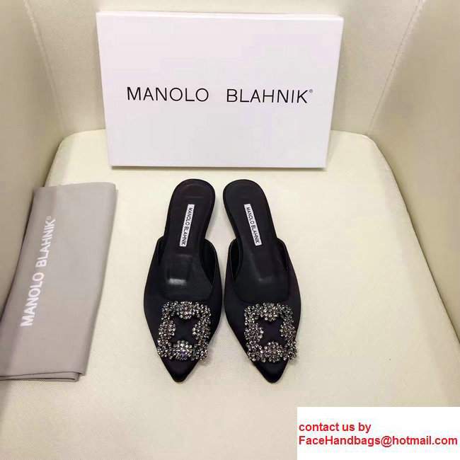 Manolo Blahnik Hangisi Buckle Satin Slide-on Flat Scandals Black 2017