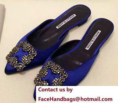 Manolo Blahnik Hangisi Buckle Satin Slide-on Flat Scandals Navy Blue 2017