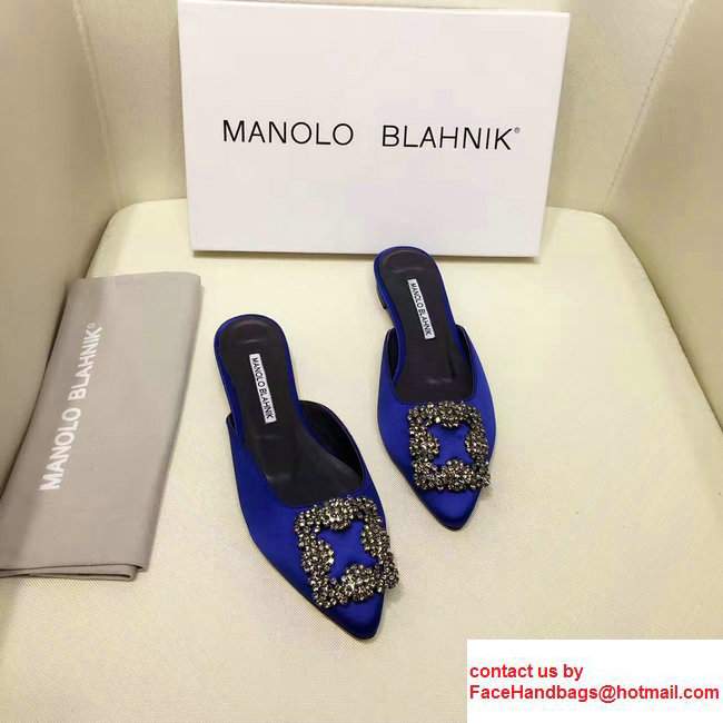 Manolo Blahnik Hangisi Buckle Satin Slide-on Flat Scandals Navy Blue 2017