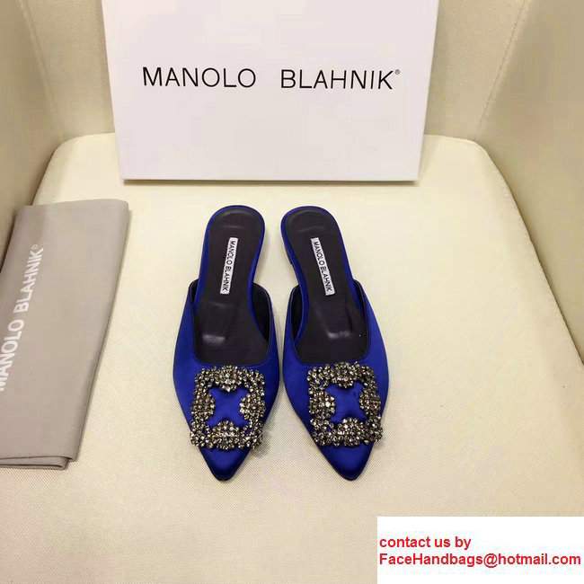 Manolo Blahnik Hangisi Buckle Satin Slide-on Flat Scandals Navy Blue 2017