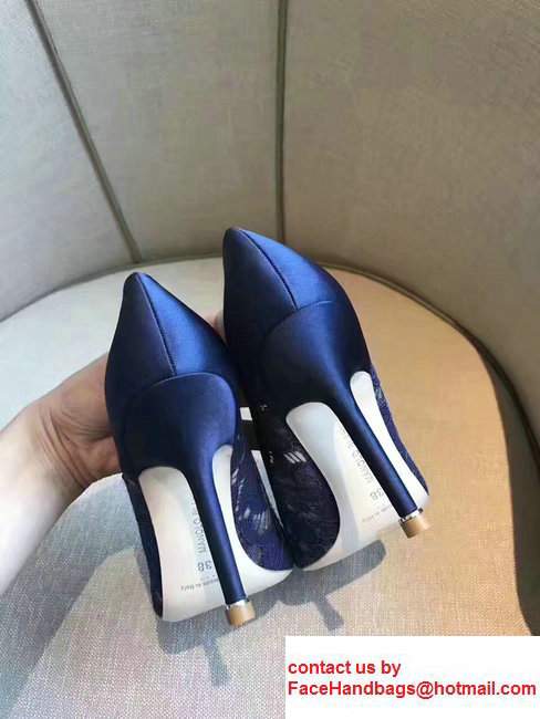 Manolo Blahnik Heel 9.5cm Hangisi Buckle Lace Satin Sandals Navy Blue 2017