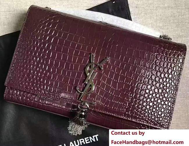 Saint Laurent Classic Medium Kate Sliver Monogram Tassel Satchel Crocodile Embossed Shoulder Bag 354119 Burgundy