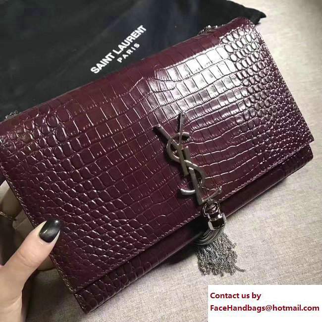 Saint Laurent Classic Medium Kate Sliver Monogram Tassel Satchel Crocodile Embossed Shoulder Bag 354119 Burgundy