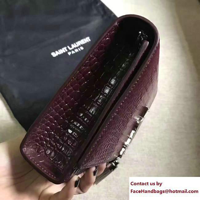 Saint Laurent Classic Medium Kate Sliver Monogram Tassel Satchel Crocodile Embossed Shoulder Bag 354119 Burgundy