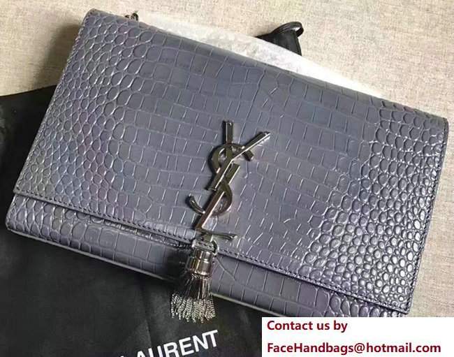 Saint Laurent Classic Medium Kate Sliver Monogram Tassel Satchel Crocodile Embossed Shoulder Bag 354119 Dark Gary