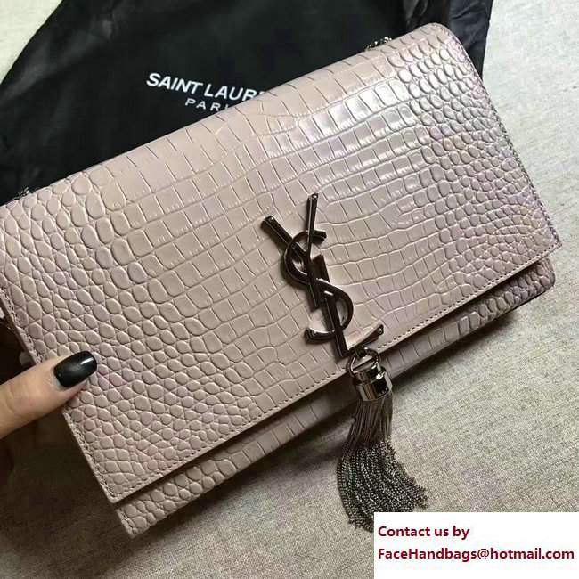 Saint Laurent Classic Medium Kate Sliver Monogram Tassel Satchel Crocodile Embossed Shoulder Bag 354119 Pink