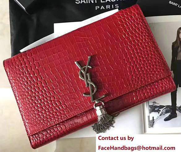 Saint Laurent Classic Medium Kate Sliver Monogram Tassel Satchel Crocodile Embossed Shoulder Bag 354119 Red