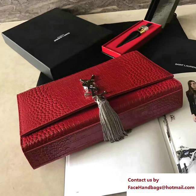 Saint Laurent Classic Medium Kate Sliver Monogram Tassel Satchel Crocodile Embossed Shoulder Bag 354119 Red