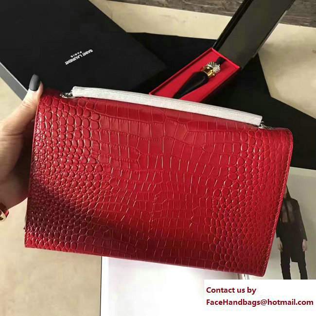 Saint Laurent Classic Medium Kate Sliver Monogram Tassel Satchel Crocodile Embossed Shoulder Bag 354119 Red