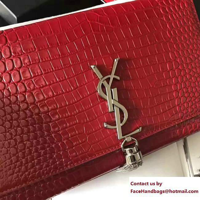 Saint Laurent Classic Medium Kate Sliver Monogram Tassel Satchel Crocodile Embossed Shoulder Bag 354119 Red