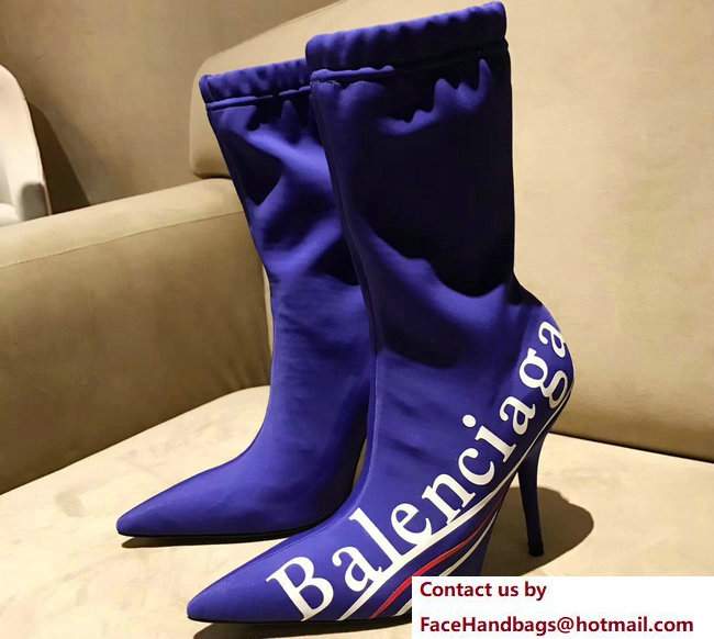 Balenciaga Heel 10cm Logo Print Knit Sock Short Boots Blue 2017 - Click Image to Close