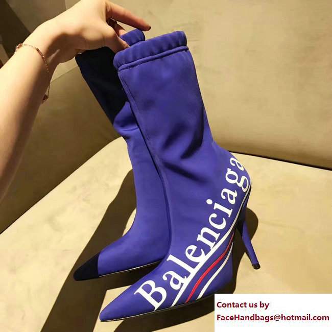 Balenciaga Heel 10cm Logo Print Knit Sock Short Boots Blue 2017