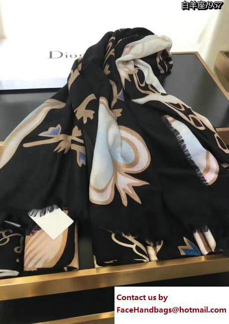 Dior Black Wool And Silk Zodiac Stole Scarf Aries 2017