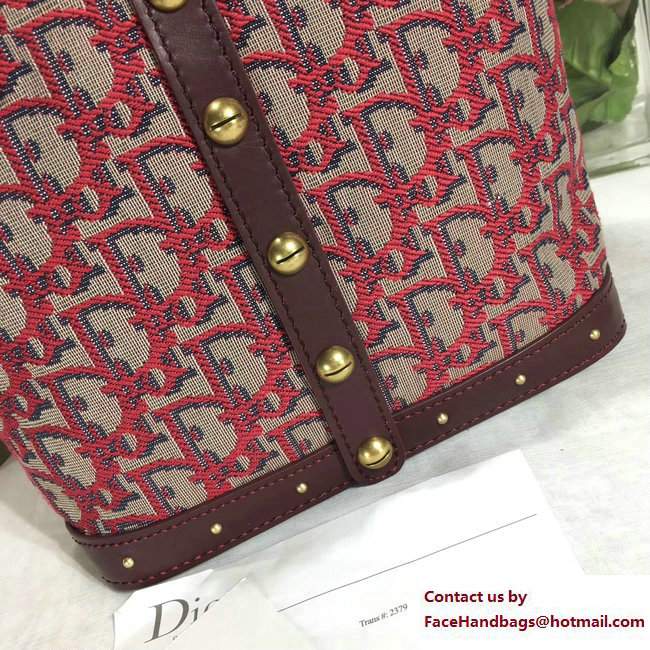 Dior Studded Oblique Signature Canvas Bucket Bag Red with Handles 2017/2018