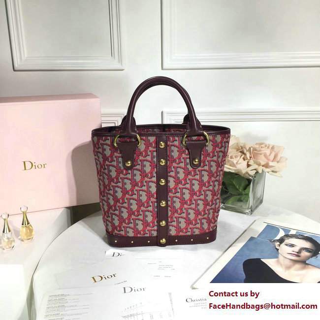 Dior Studded Oblique Signature Canvas Bucket Bag Red with Handles 2017/2018