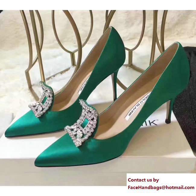 Manolo Blahnik Heel 7cm/9.5cm Crystal Satin Pumps Green 2017