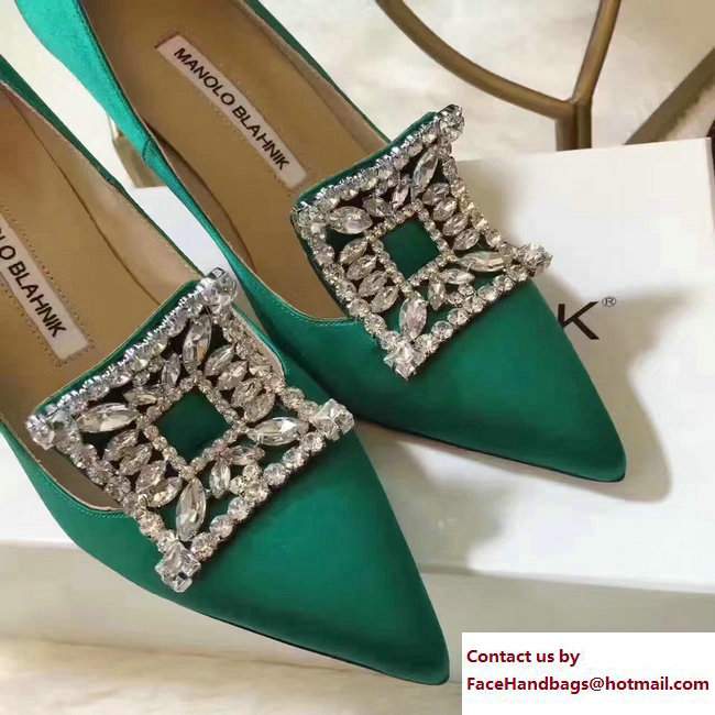 Manolo Blahnik Heel 7cm/9.5cm Crystal Satin Pumps Green 2017