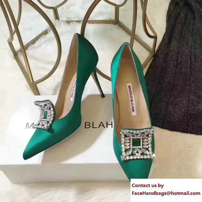 Manolo Blahnik Heel 7cm/9.5cm Crystal Satin Pumps Green 2017