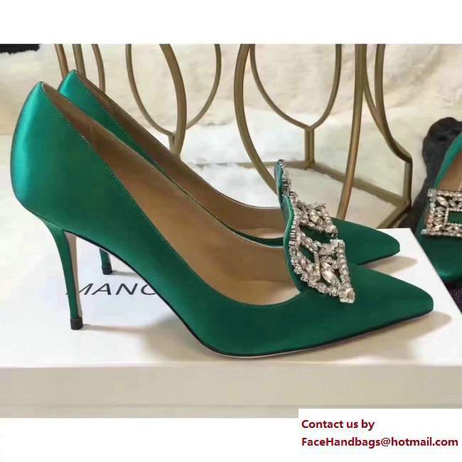 Manolo Blahnik Heel 7cm/9.5cm Crystal Satin Pumps Green 2017