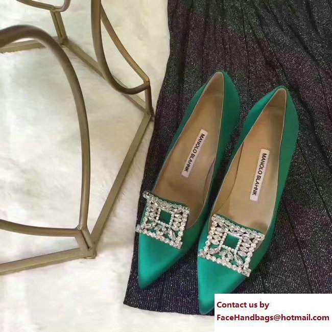 Manolo Blahnik Heel 7cm/9.5cm Crystal Satin Pumps Green 2017