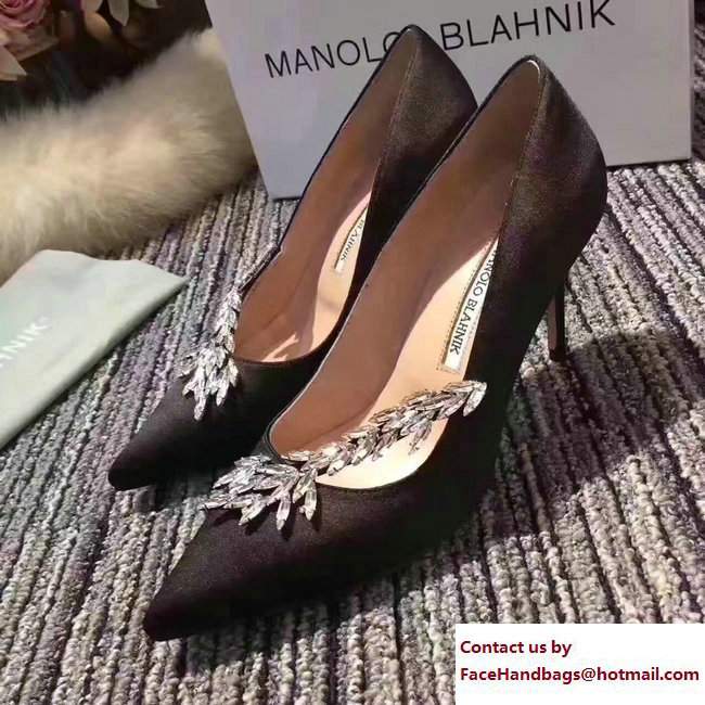 Manolo Blahnik Leaf Nadira Bride 70 Satin Pointy Court Shoes Black 2017