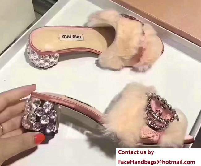 Miu Miu Heel 5cm Satin Lapin Crystals Slippers Sandals Beige 2017