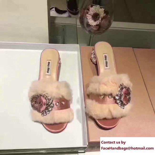 Miu Miu Heel 5cm Satin Lapin Crystals Slippers Sandals Beige 2017