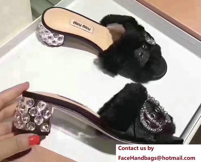 Miu Miu Heel 5cm Satin Lapin Crystals Slippers Sandals Black 2017