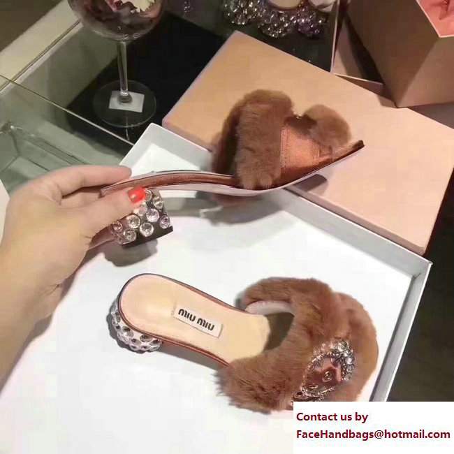 Miu Miu Heel 5cm Satin Lapin Crystals Slippers Sandals Coffee 2017