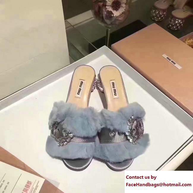 Miu Miu Heel 5cm Satin Lapin Crystals Slippers Sandals Light Blue 2017