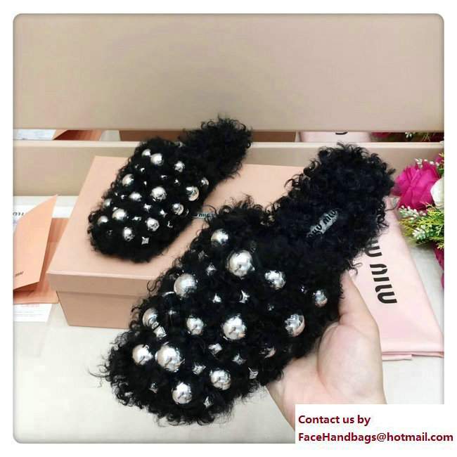 Miu Miu Metal Studs Shearling Slipper Sandals Black 2017