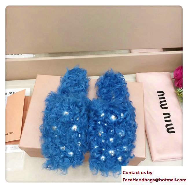 Miu Miu Metal Studs Shearling Slipper Sandals Blue 2017