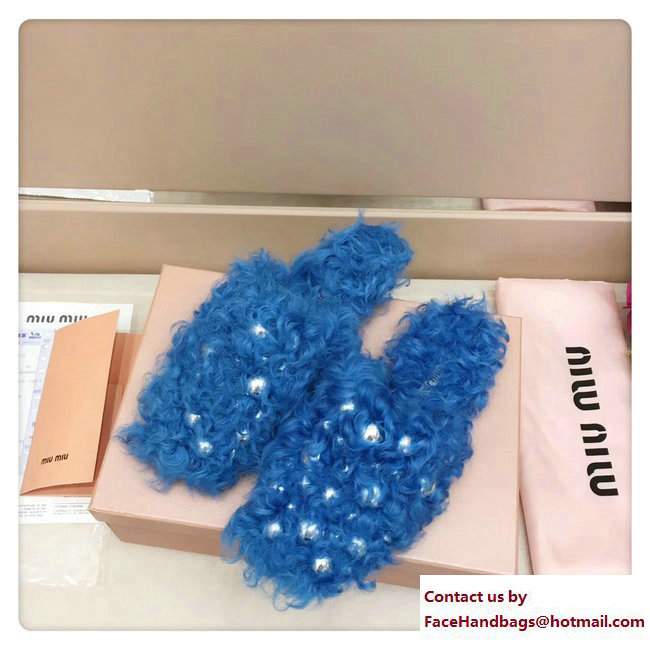 Miu Miu Metal Studs Shearling Slipper Sandals Blue 2017