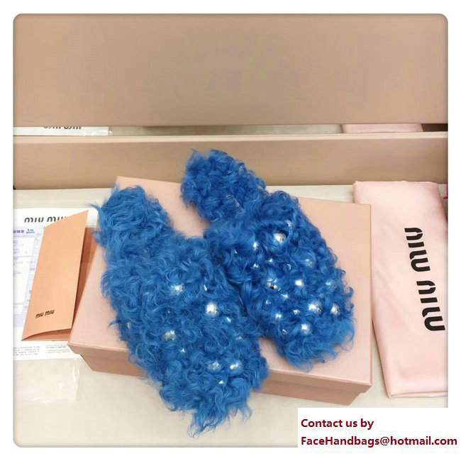 Miu Miu Metal Studs Shearling Slipper Sandals Blue 2017