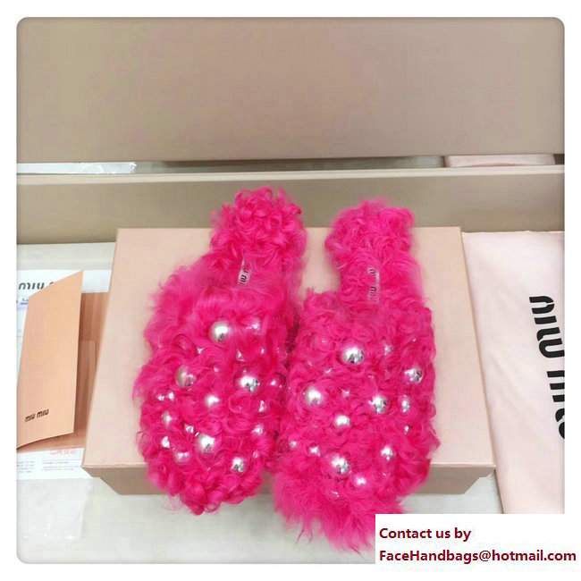 Miu Miu Metal Studs Shearling Slipper Sandals Fuchsia 2017