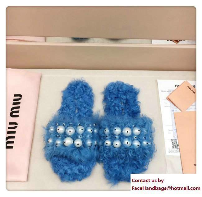 Miu Miu Pearls Shearling Slippers Sandals Blue 2017