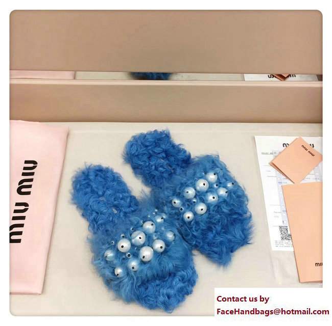 Miu Miu Pearls Shearling Slippers Sandals Blue 2017