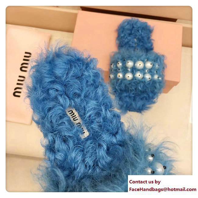 Miu Miu Pearls Shearling Slippers Sandals Blue 2017