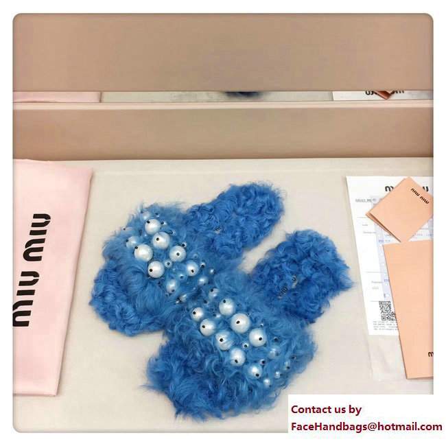 Miu Miu Pearls Shearling Slippers Sandals Blue 2017