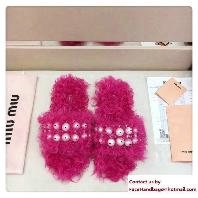 Miu Miu Pearls Shearling Slippers Sandals Fuchsia 2017